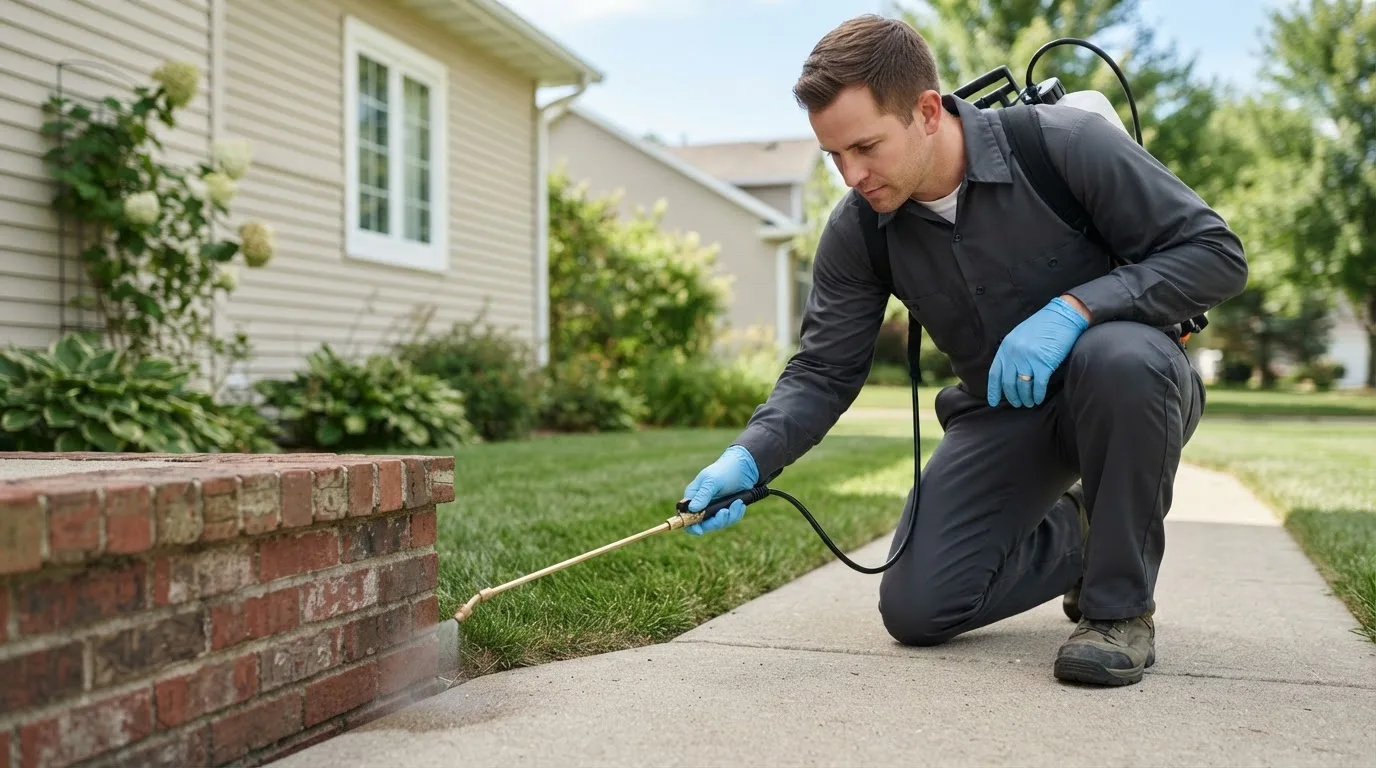 Pest control technician treating a home near Milo, ME
