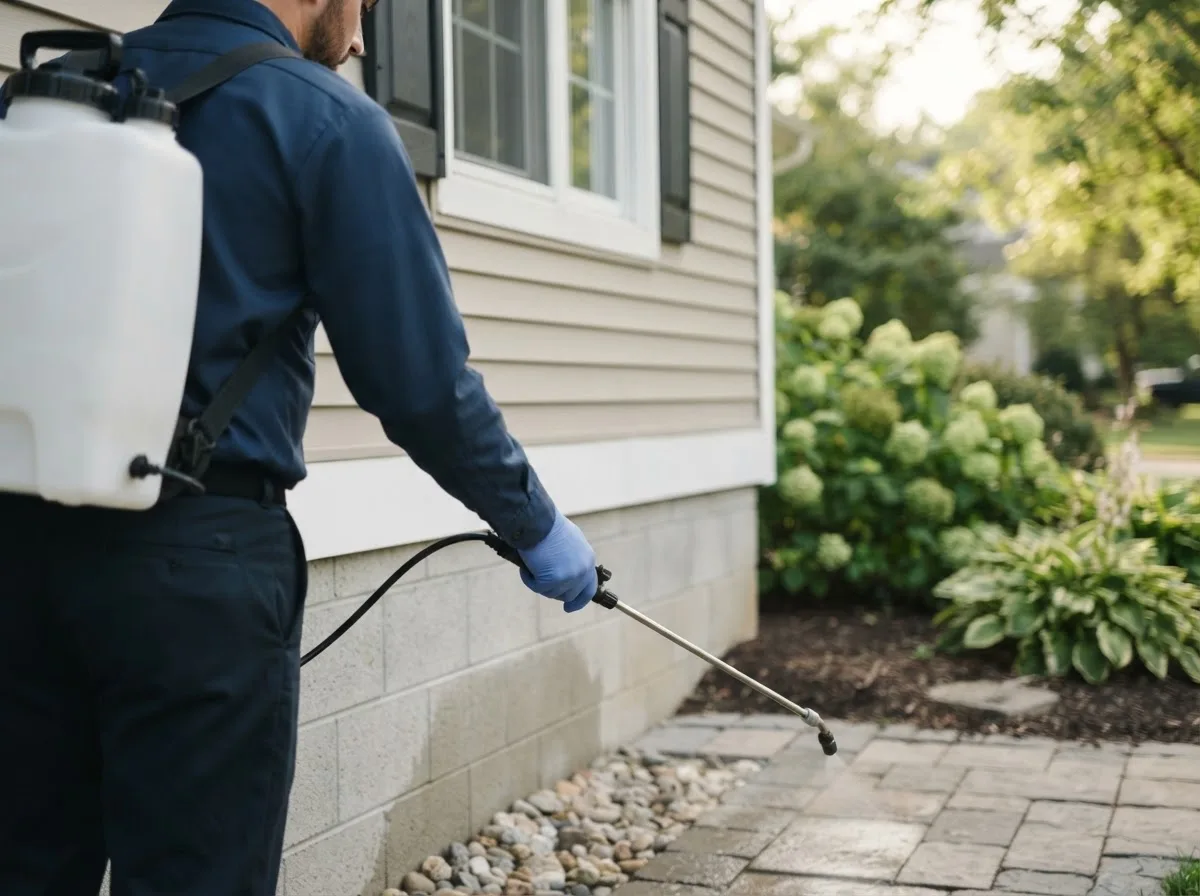 Pest control technician inspecting a home in Milo, ME